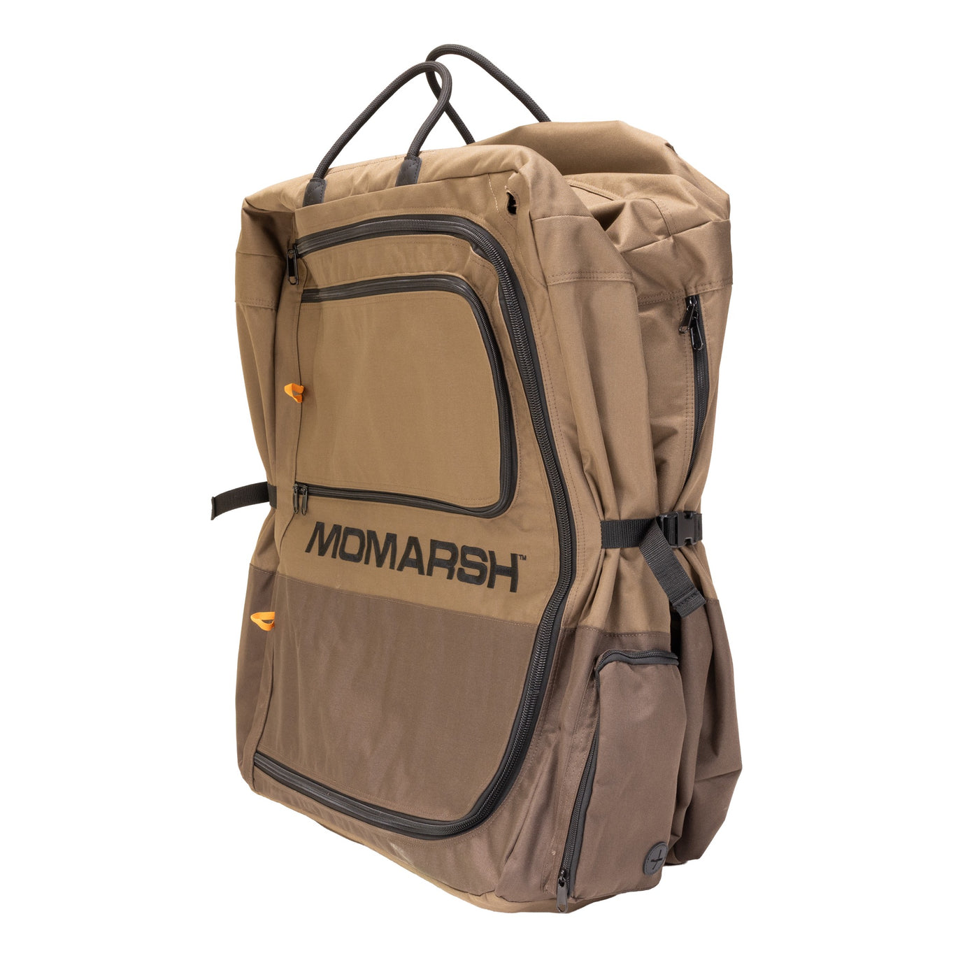 The MOmarsh Inc. Quick Crate is a large tan and brown backpack with black zippers, multiple compartments, and adjustable straps—ideal for carrying essentials or use as a portable dog crate—shown upright on a white background.
