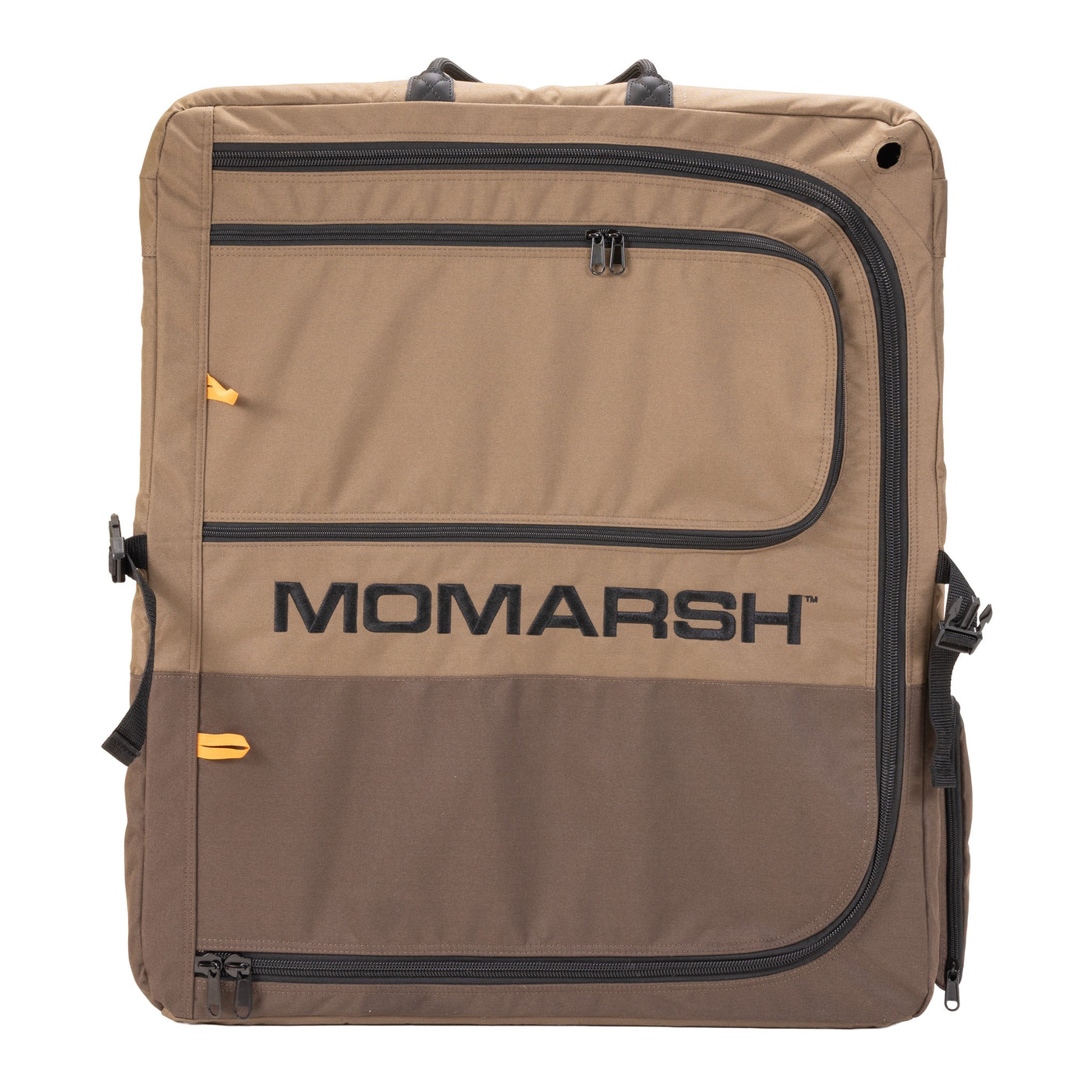 The MOmarsh Quick Crate by MOmarsh Inc. is a brown and tan soft-sided portable dog crate with black zippers, handles, large front branding, and multiple pockets for storage.