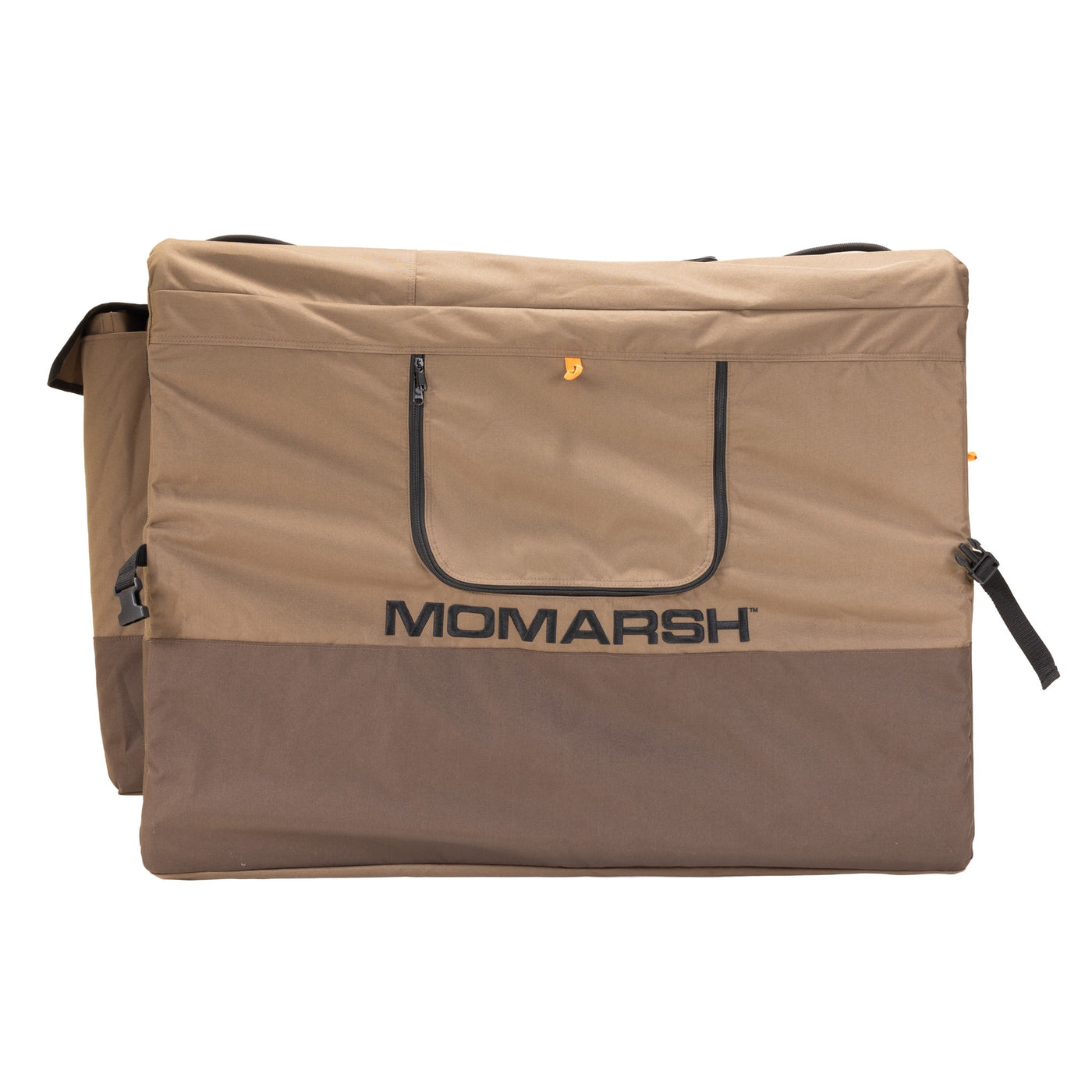 The MOmarsh Inc. Quick Crate is a tan and brown rectangular soft-sided dog crate with black straps, a zippered front flap, and the MOmarsh name printed on the front.