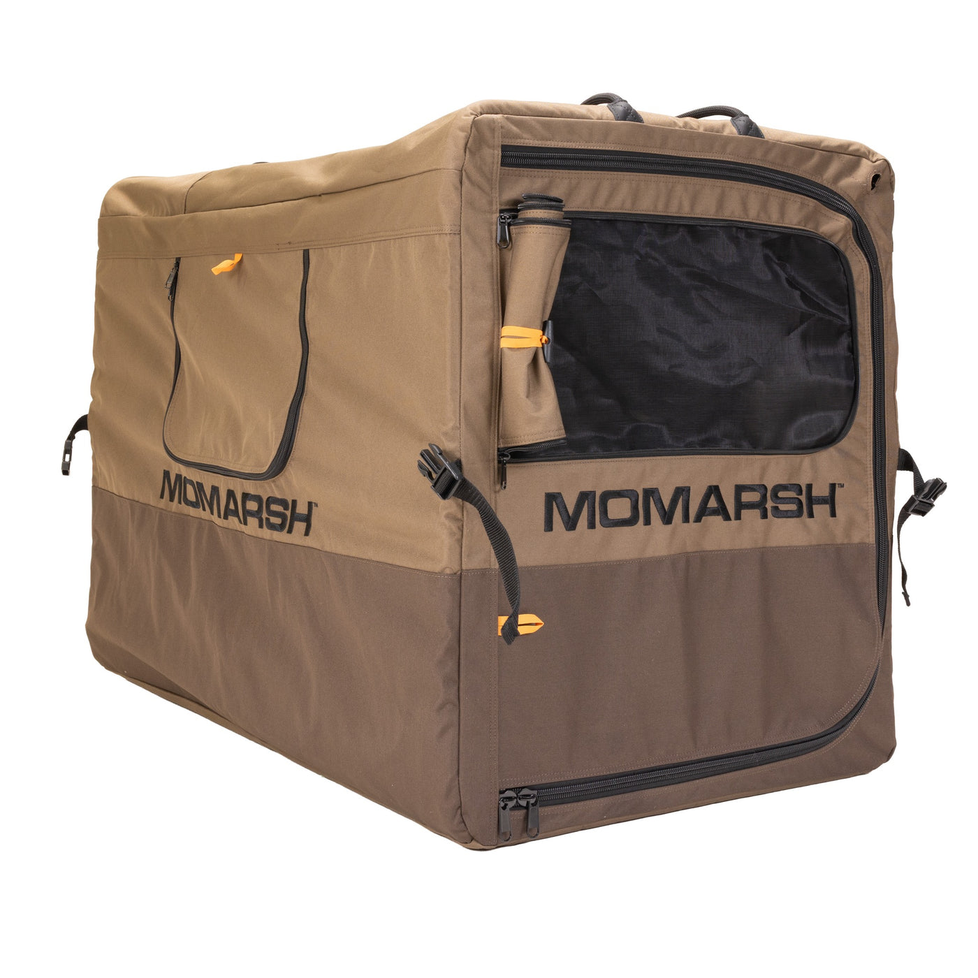 The MOmarsh Inc. Quick Crate is a portable, tan and brown soft-sided dog crate with mesh windows, black MOmarsh branding, zippered openings with yellow pulls, and a collapsible design for convenience.